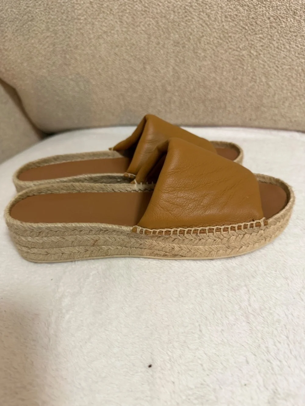 Vince Leather Espadrille Platform Slide Sandals – Cognac/Camel